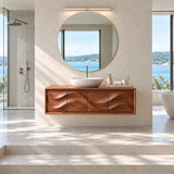 Organic modern vanity unit in natural solid wood with layered carved front rhythm