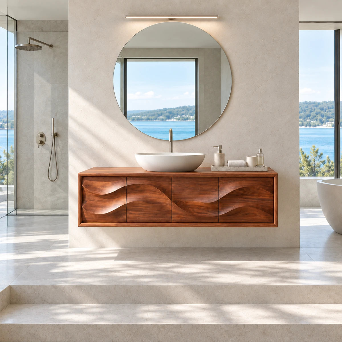 Sculptural bathroom cabinet in natural solid wood with abstract wave door pattern