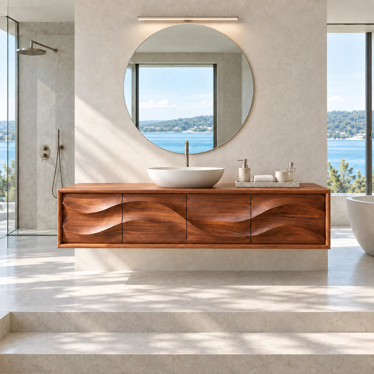 Luxury wall mounted vanity in natural solid wood with a sleek four panel facade design