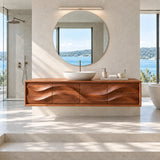Luxury wall mounted vanity in natural solid wood with a sleek four panel facade design