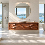 Floating bathroom vanity in natural solid wood with sculpted wave panel front design