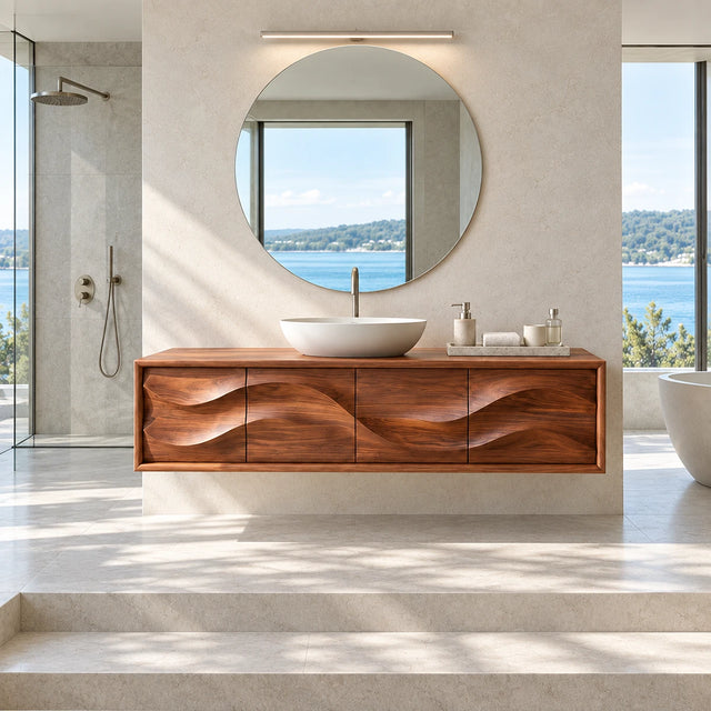 Floating bathroom vanity in natural solid wood with sculpted wave panel front design