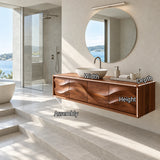 Statement bathroom vanity in natural solid wood with dramatic wave panel composition