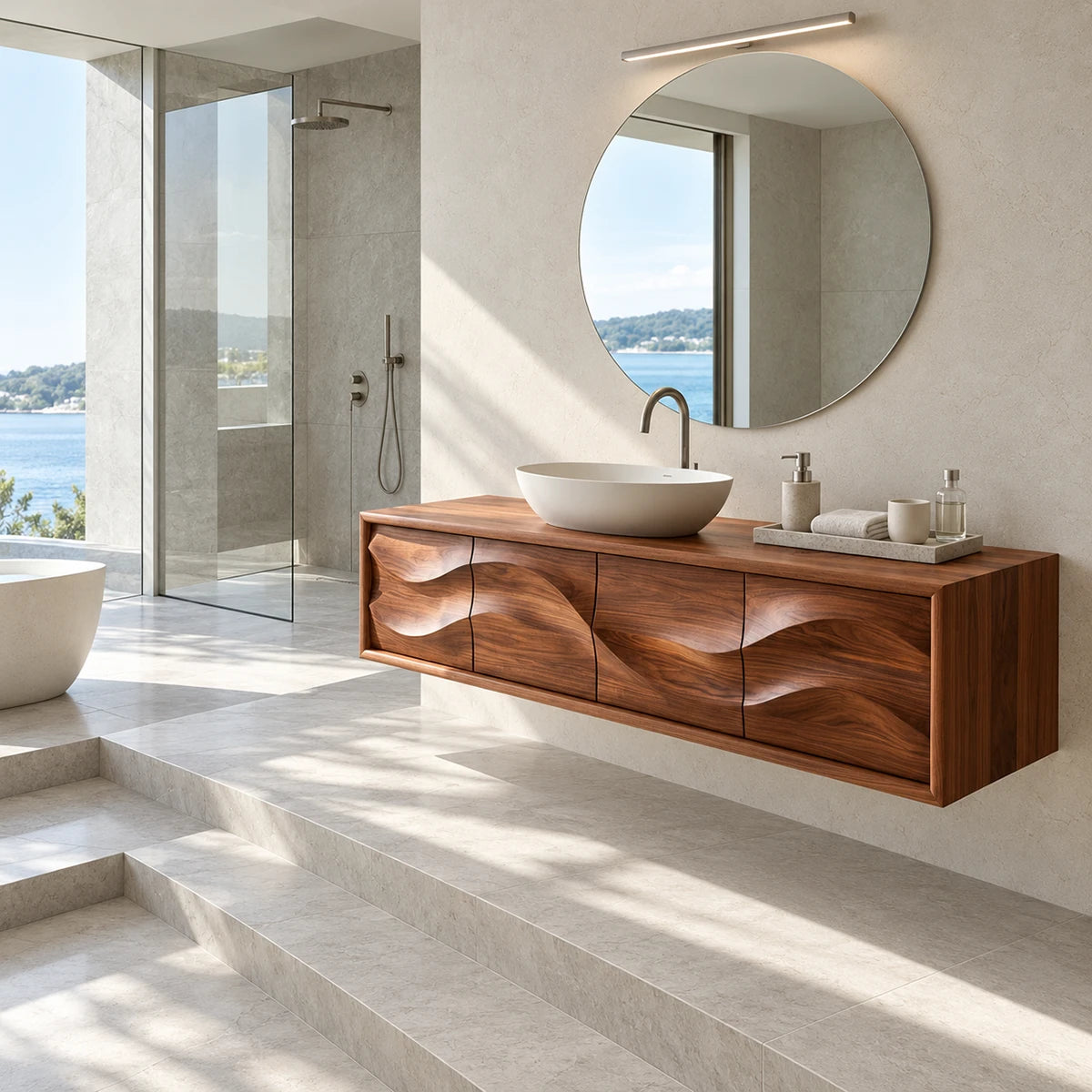 Modern bath vanity unit in natural solid wood with seamless wave front geometry details
