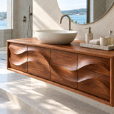 Contemporary bathroom cabinet in natural solid wood with four sculpted front panels