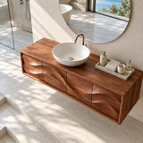 Architectural vanity storage in natural solid wood with bold horizontal wave carving