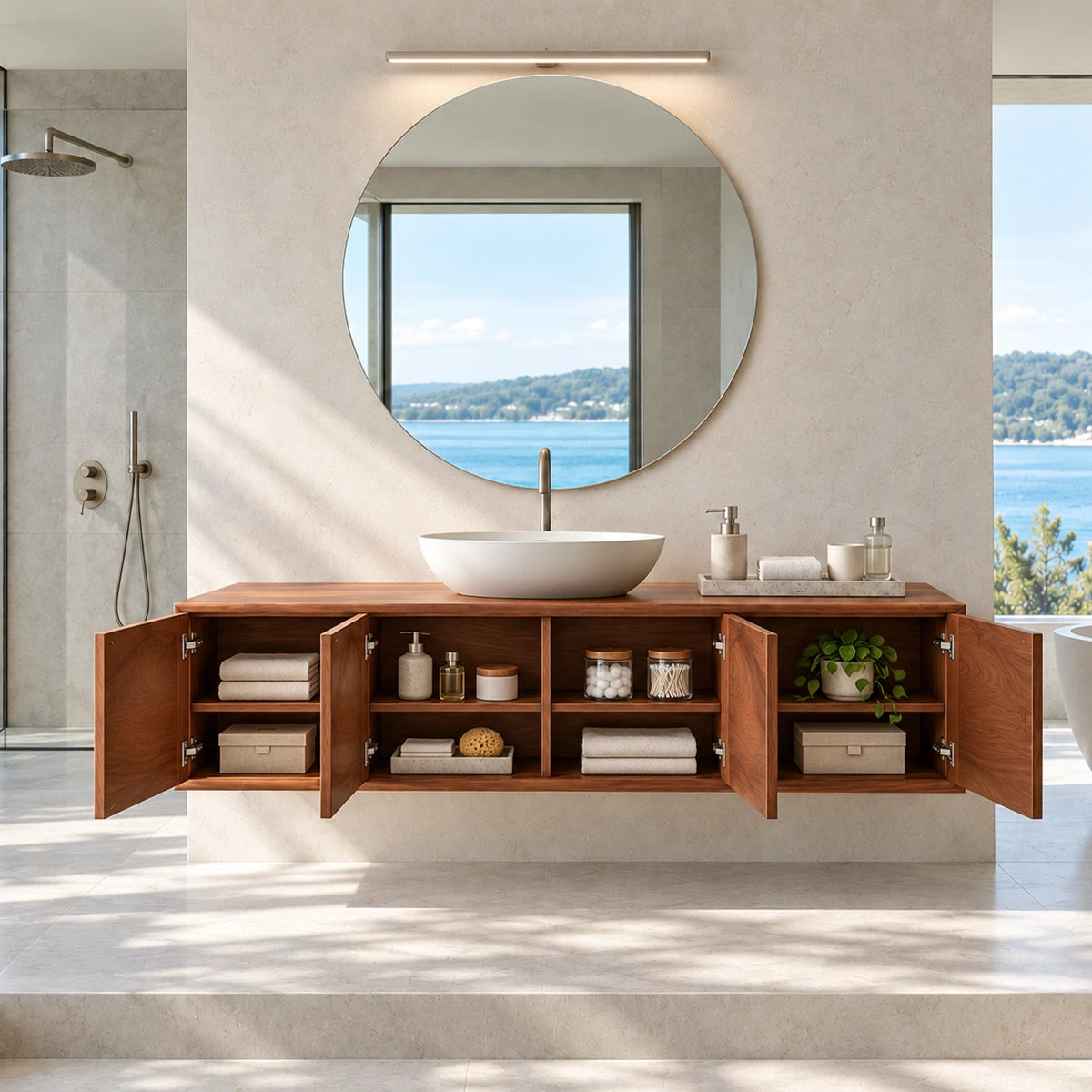 Minimalist bathroom vanity in natural solid wood with a clean floating silhouette