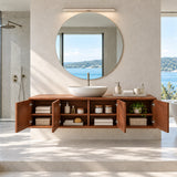 Minimalist bathroom vanity in natural solid wood with a clean floating silhouette