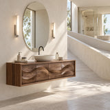 Designer wall hung vanity in natural solid wood with an artful ripple front motif