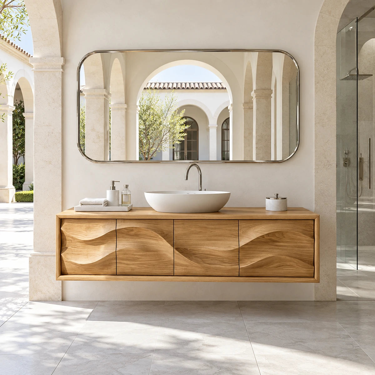 Streamlined bath storage cabinet in natural solid wood with sculptural wave sections
