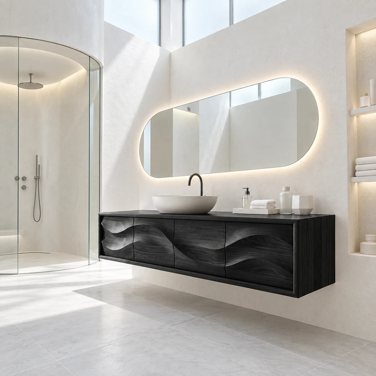 Refined floating vanity cabinet in natural solid wood with continuous carved movement