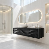 Refined floating vanity cabinet in natural solid wood with continuous carved movement