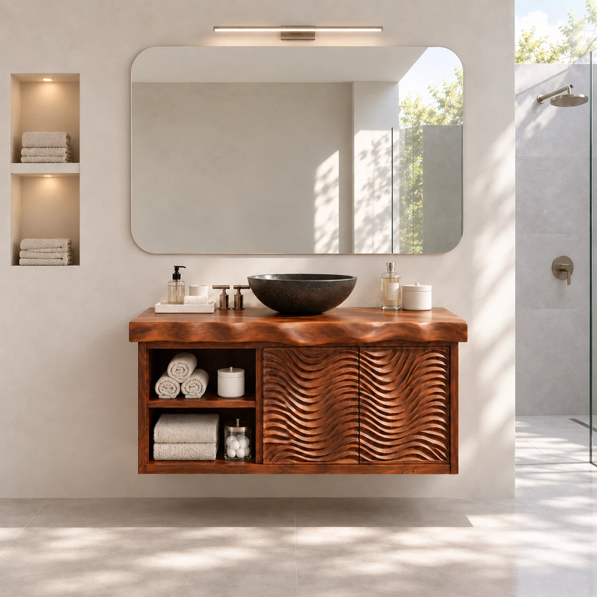 Clean lined vanity unit in natural solid wood with carved panels and open compartments