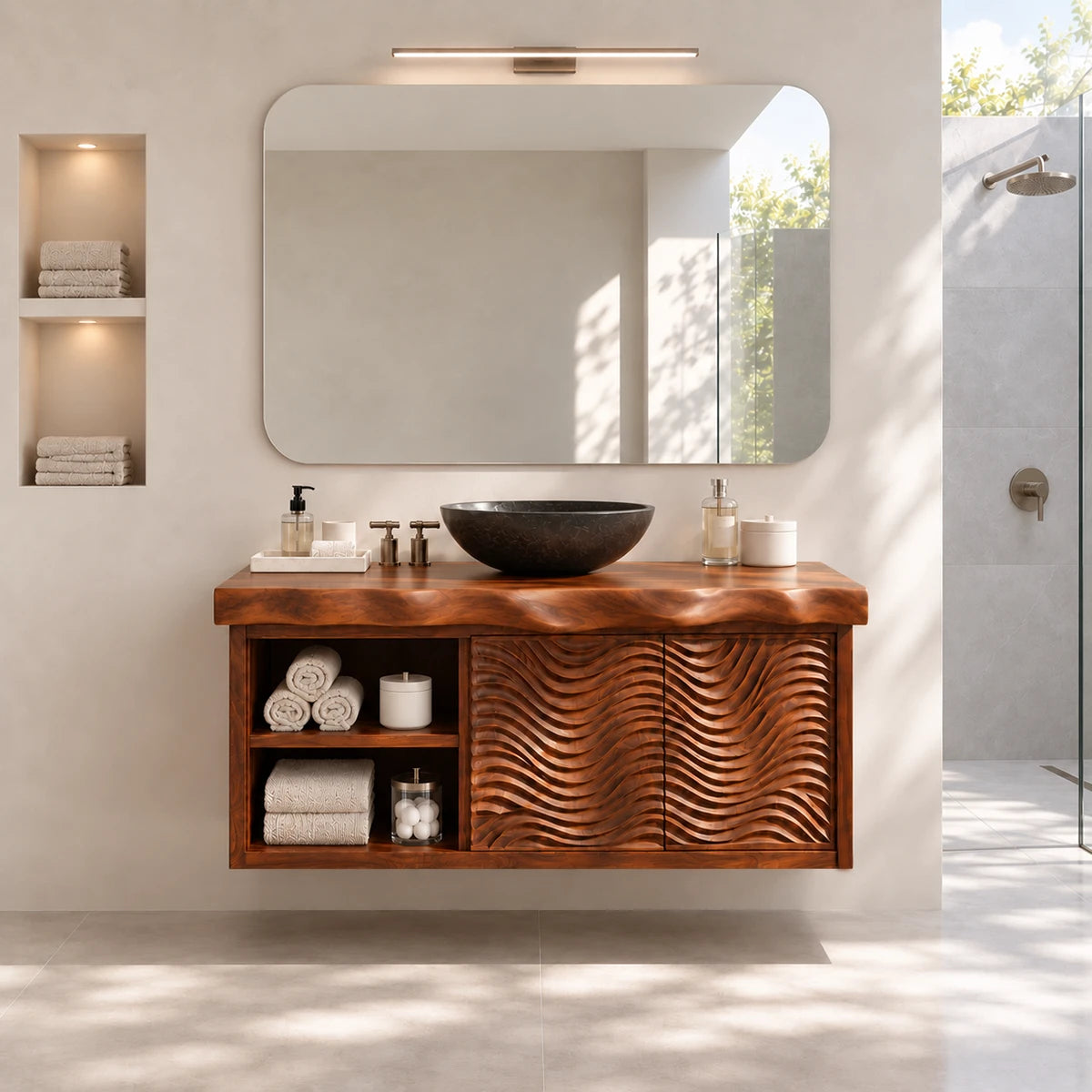Modern vanity cabinet in natural solid wood with sculpted fronts and practical shelving