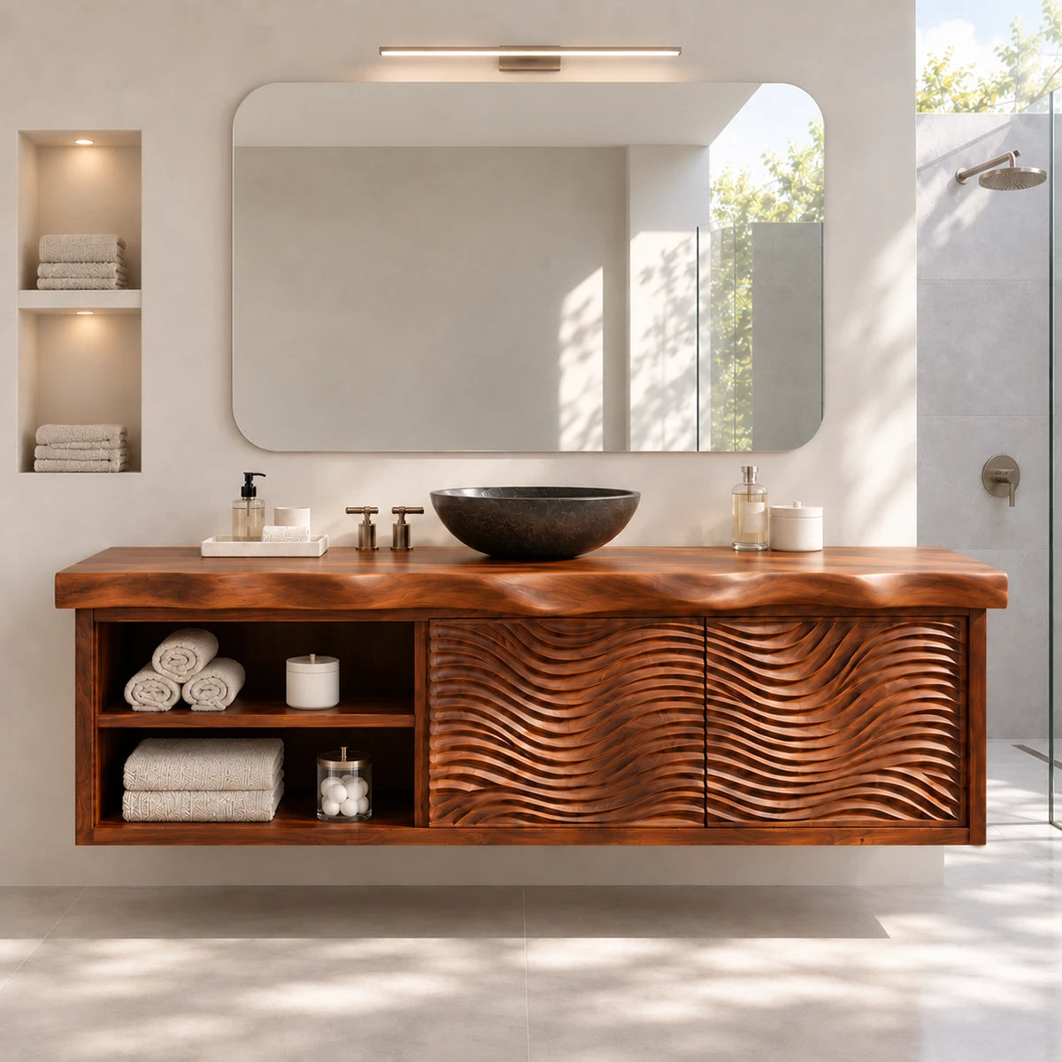 Natural solid wood bathroom vanity with wave carved doors and spacious open storage