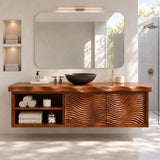 Natural solid wood bathroom vanity with wave carved doors and spacious open storage