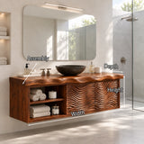 Statement bathroom vanity in natural solid wood with textured doors and towel shelves