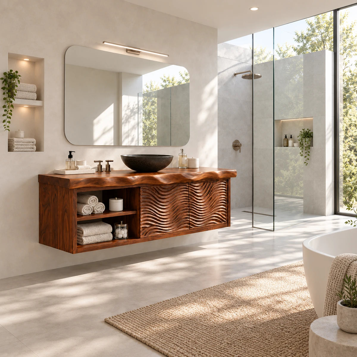 Wall mounted vanity in natural solid wood with carved fronts and towel shelf storage