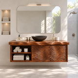 Modern bathroom vanity in natural solid wood with sculpted doors and open cubby space