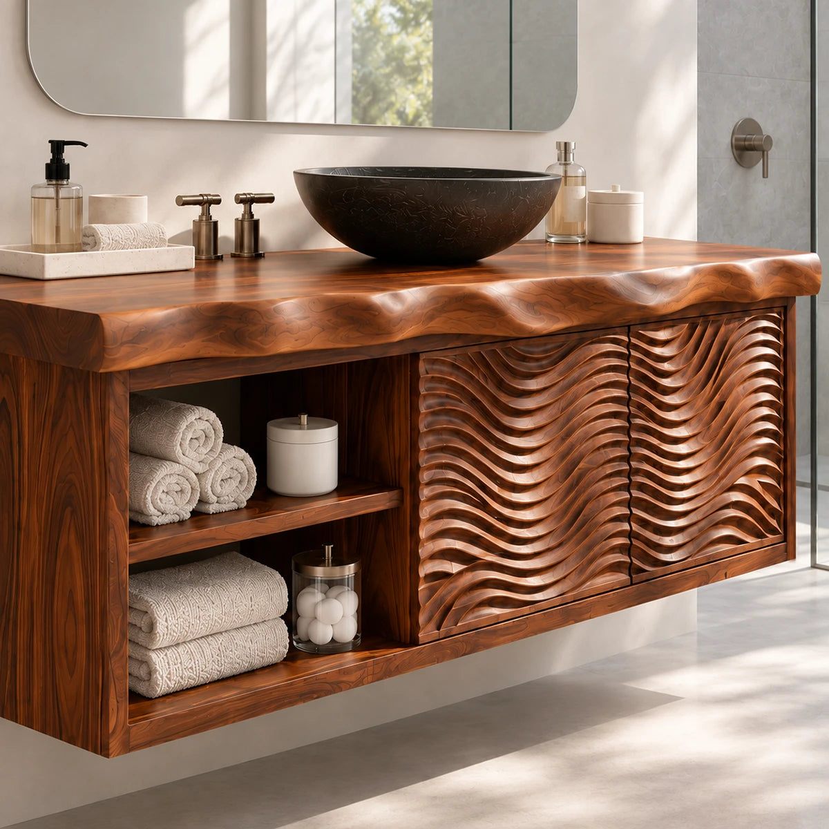Open shelf bath vanity in natural solid wood with wave panels and two door storage