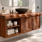 Open shelf bath vanity in natural solid wood with wave panels and two door storage