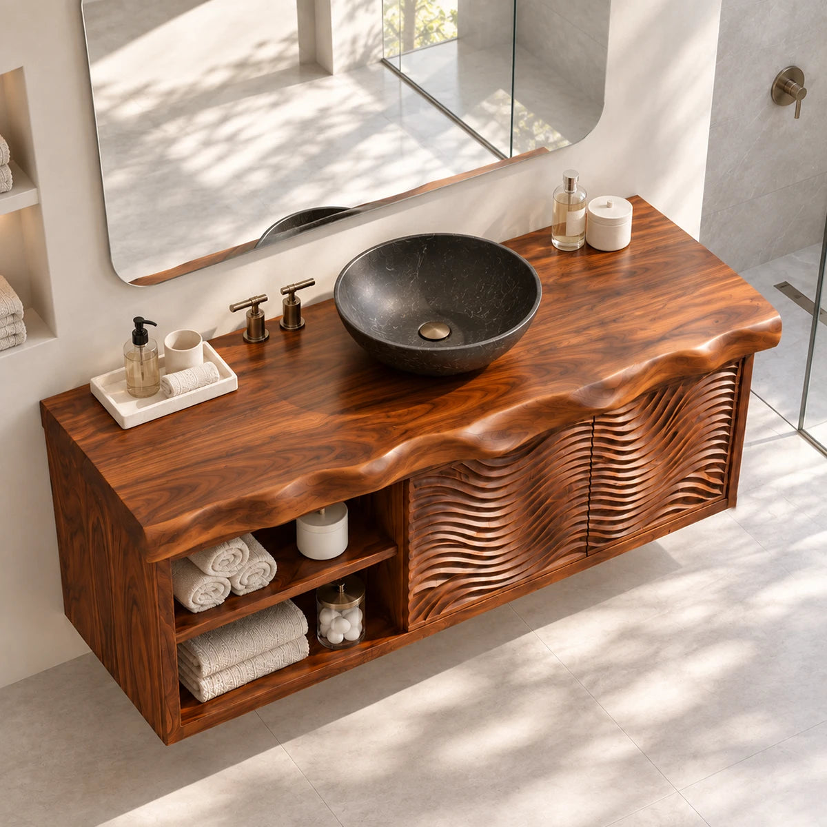 Contemporary vanity cabinet in natural solid wood with textured fronts and side shelves