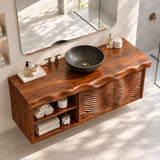 Contemporary vanity cabinet in natural solid wood with textured fronts and side shelves