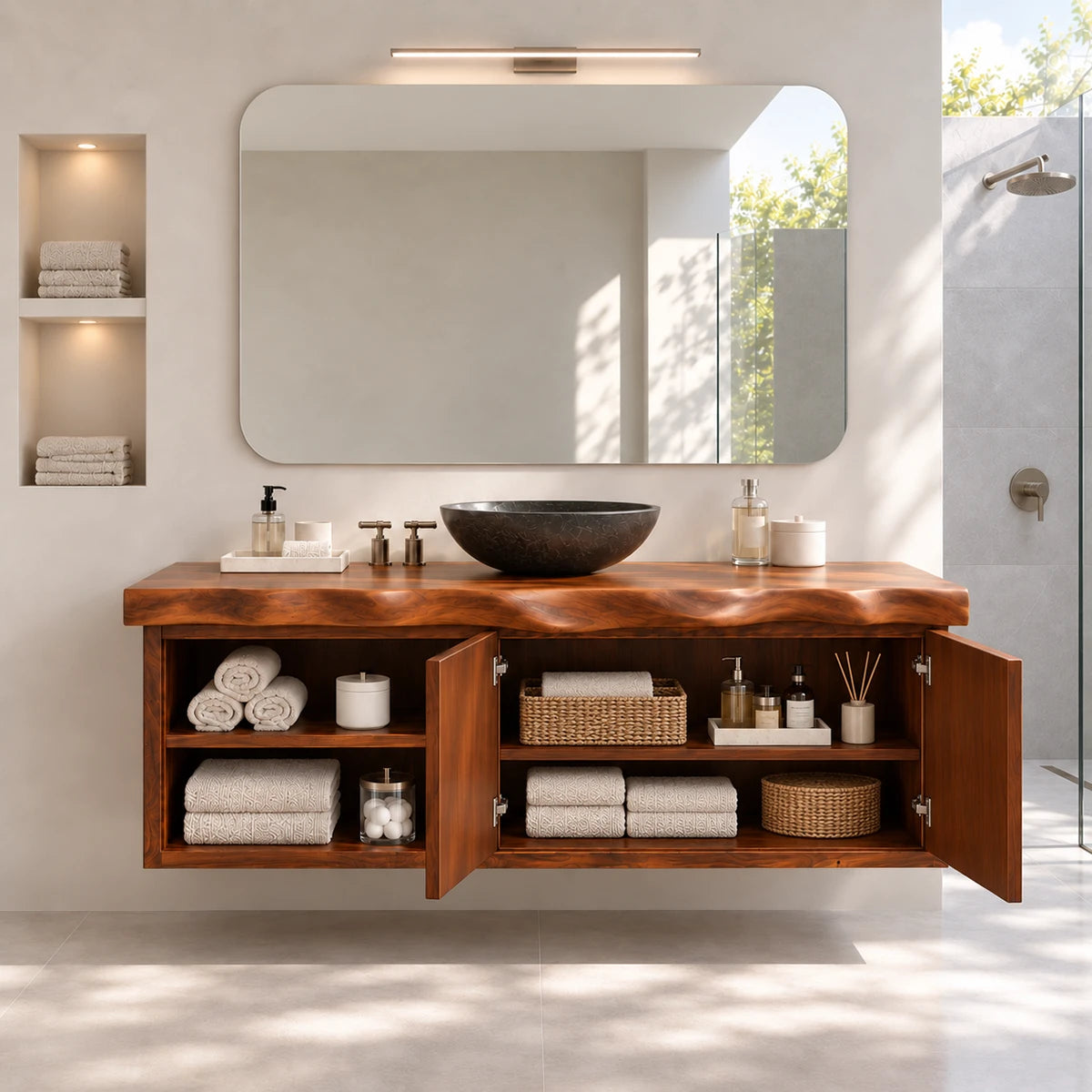 Designer bathroom vanity in natural solid wood with carved doors and towel cubbies