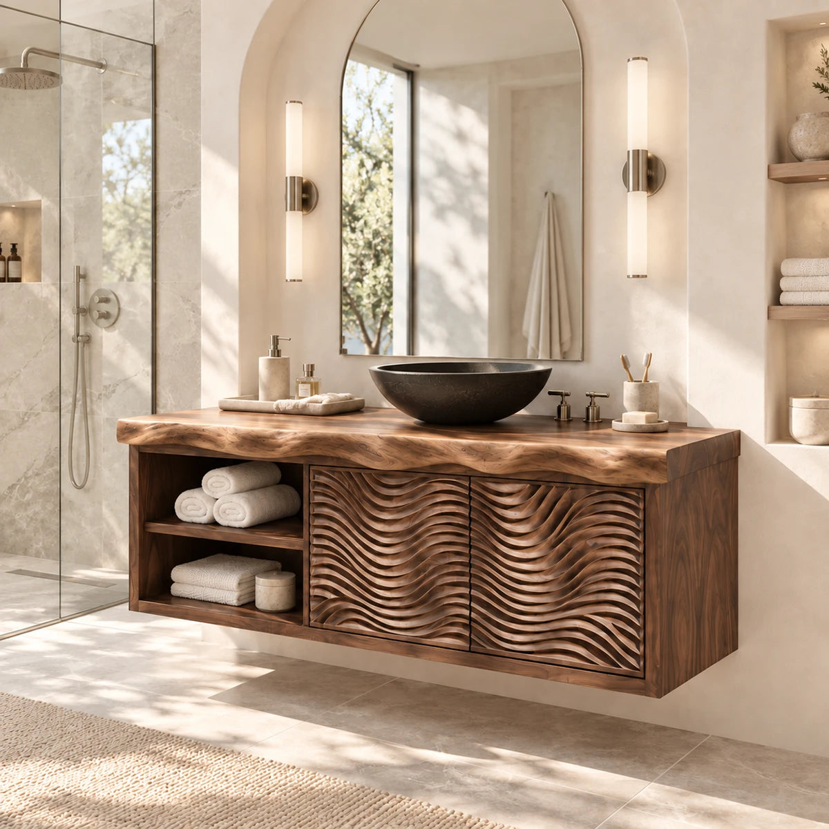 Minimalist bath vanity in natural solid wood with floating form and open shelf storage