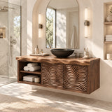 Minimalist bath vanity in natural solid wood with floating form and open shelf storage