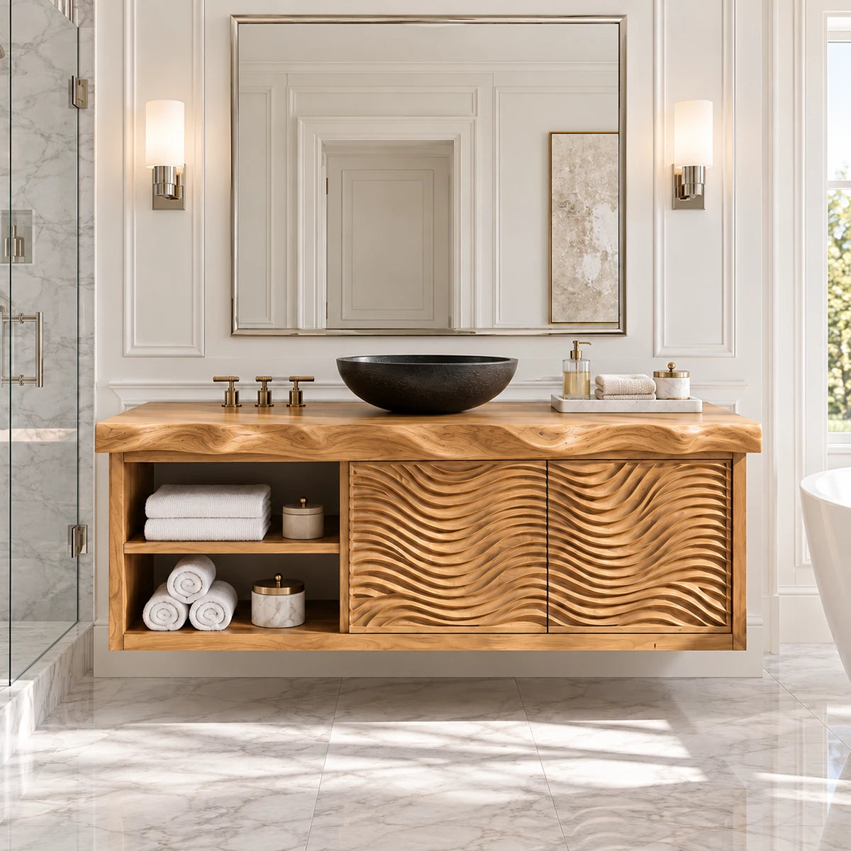 Storage focused vanity in natural solid wood with sculpted doors and open shelving