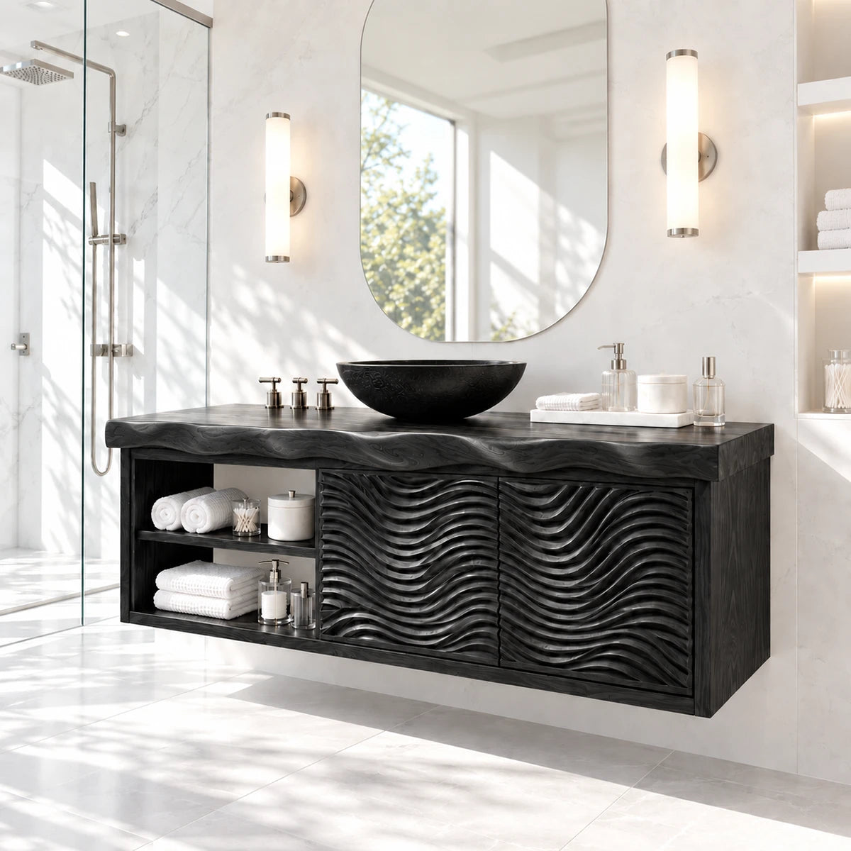 Refined floating vanity in natural solid wood with wave carved fronts and side storage