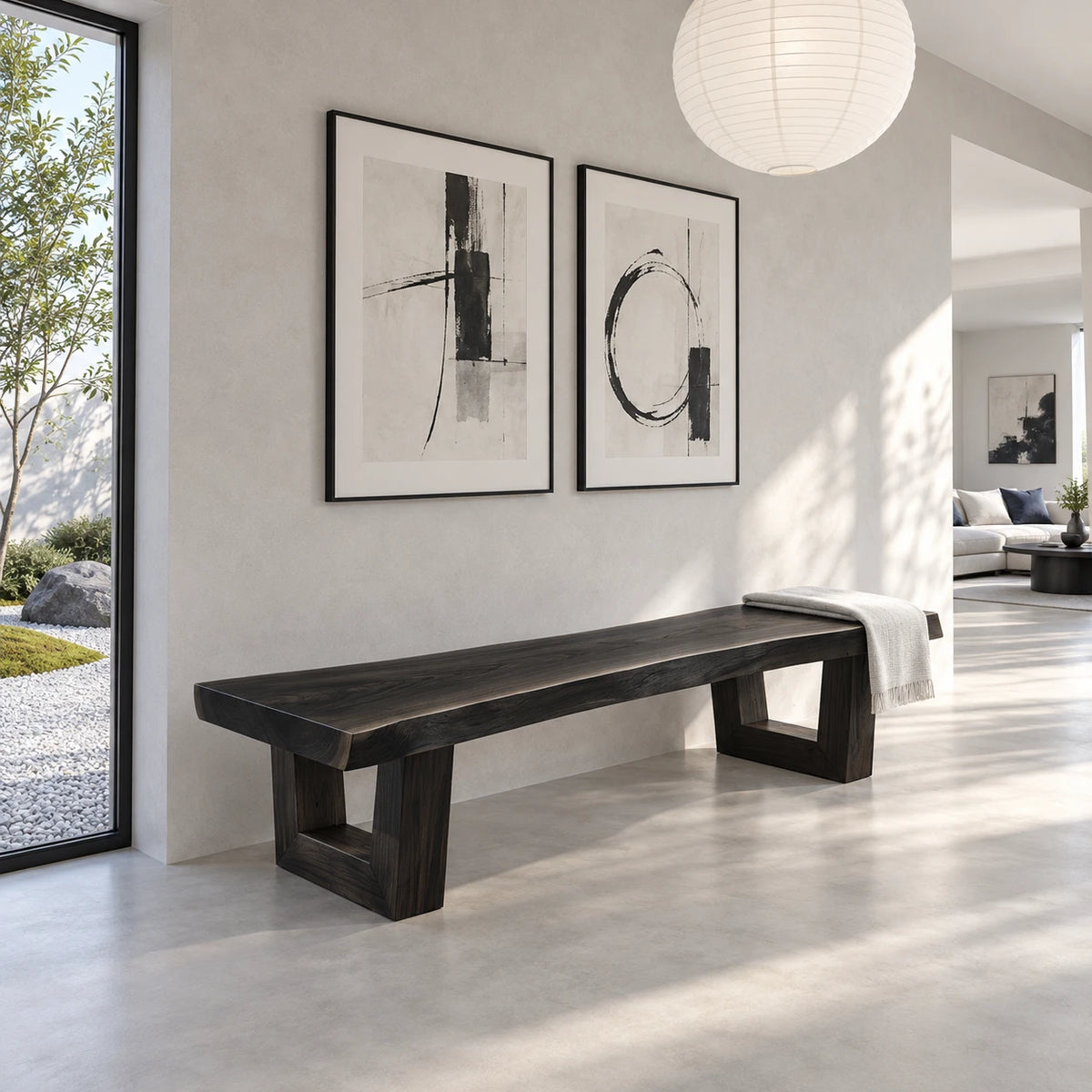 Wood Bench with Live-Edge Slab Seat on Two Angled Open-Square Block Legs - Arboriswood - 10