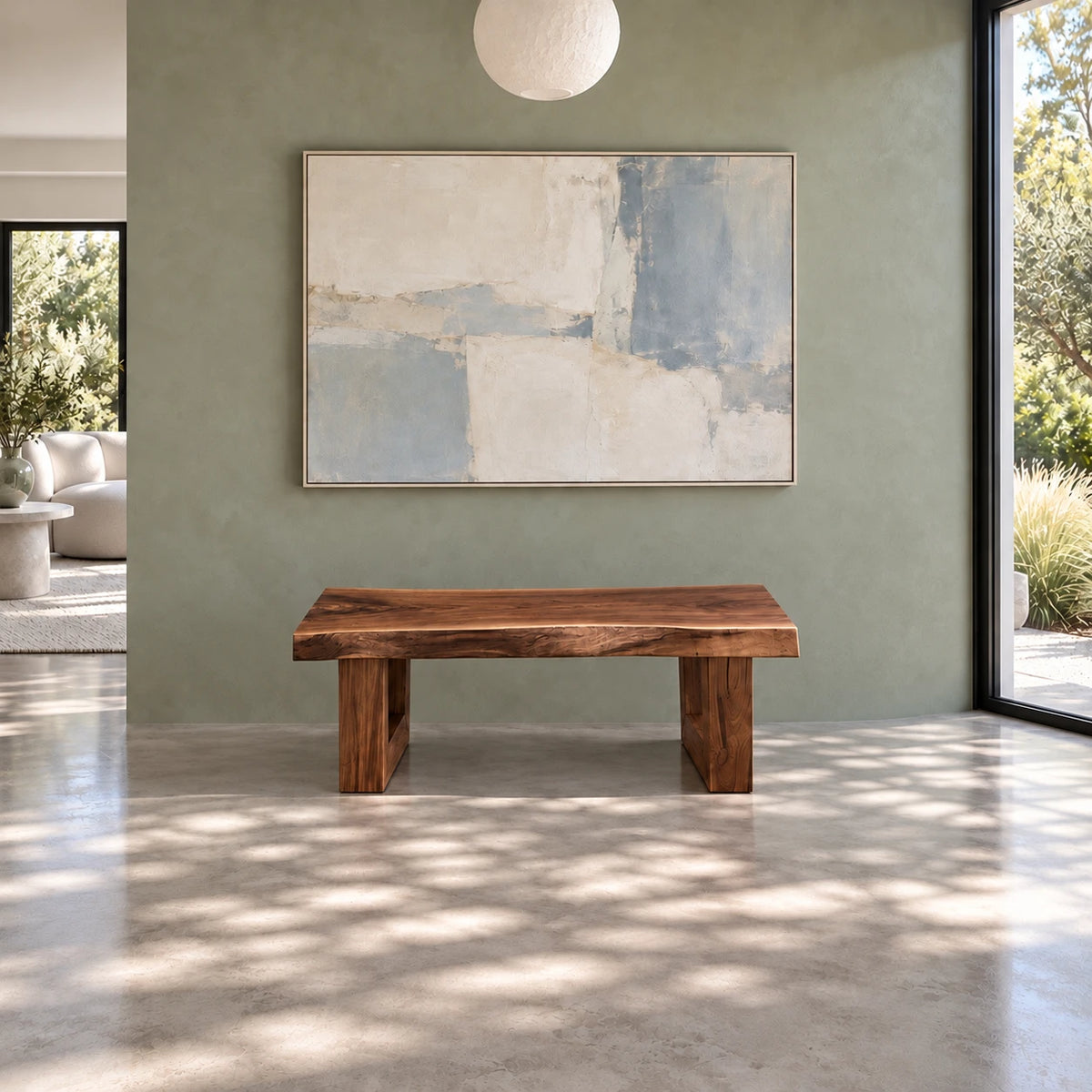 Wood Bench with Live-Edge Slab Seat on Two Angled Open-Square Block Legs - Arboriswood - 11