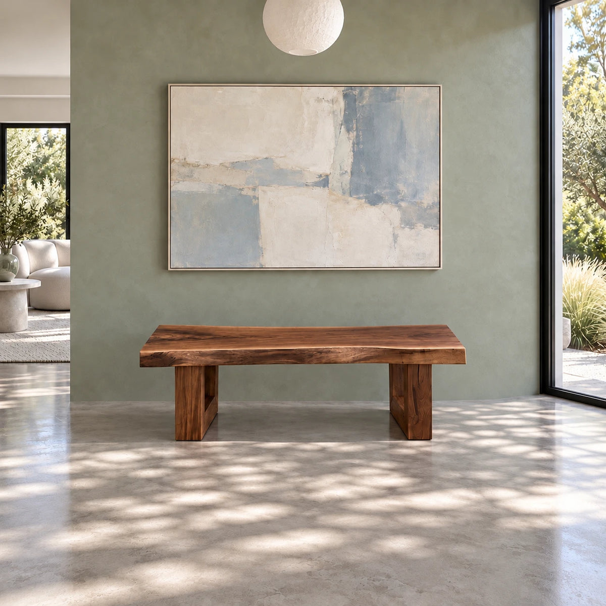 Wood Bench with Live-Edge Slab Seat on Two Angled Open-Square Block Legs - Arboriswood - 12