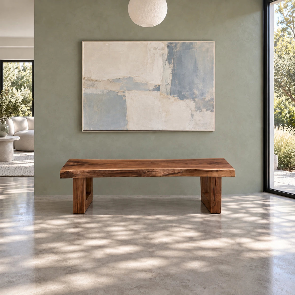 Wood Bench with Live-Edge Slab Seat on Two Angled Open-Square Block Legs - Arboriswood - 13