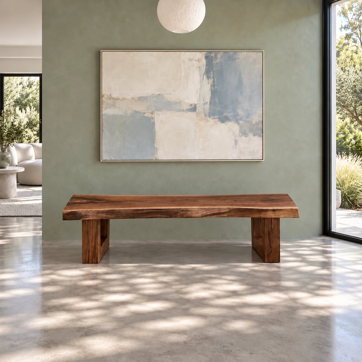 Wood Bench with Live-Edge Slab Seat on Two Angled Open-Square Block Legs - Arboriswood - 14