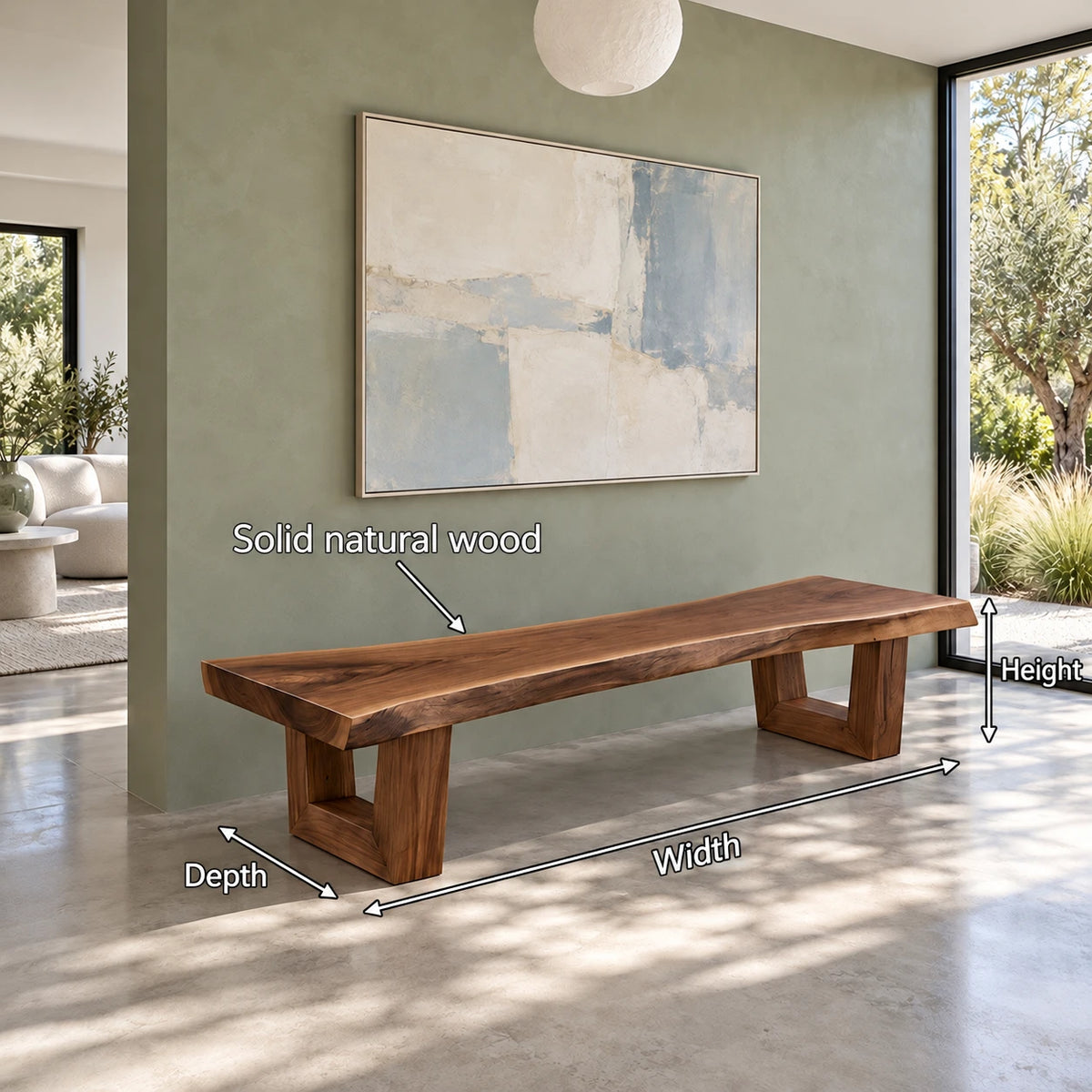Wood Bench with Live-Edge Slab Seat on Two Angled Open-Square Block Legs - Arboriswood - 7