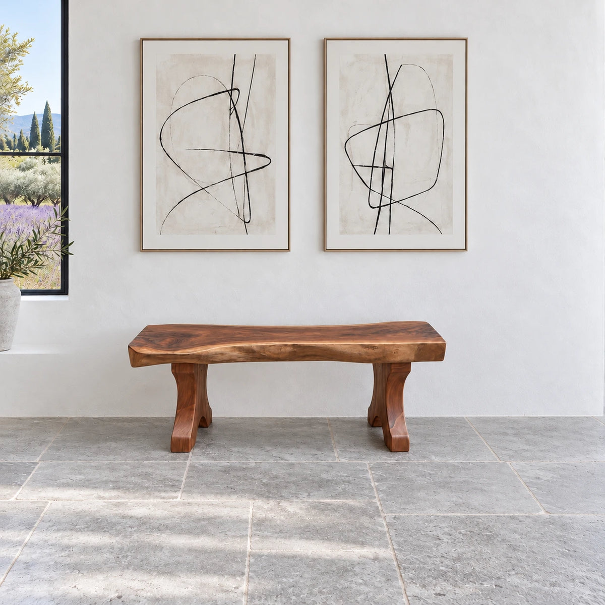 Wood Bench with Live-Edge Slab Seat on Two Sculpted Flared-Foot Trestle Legs - Arboriswood - 11