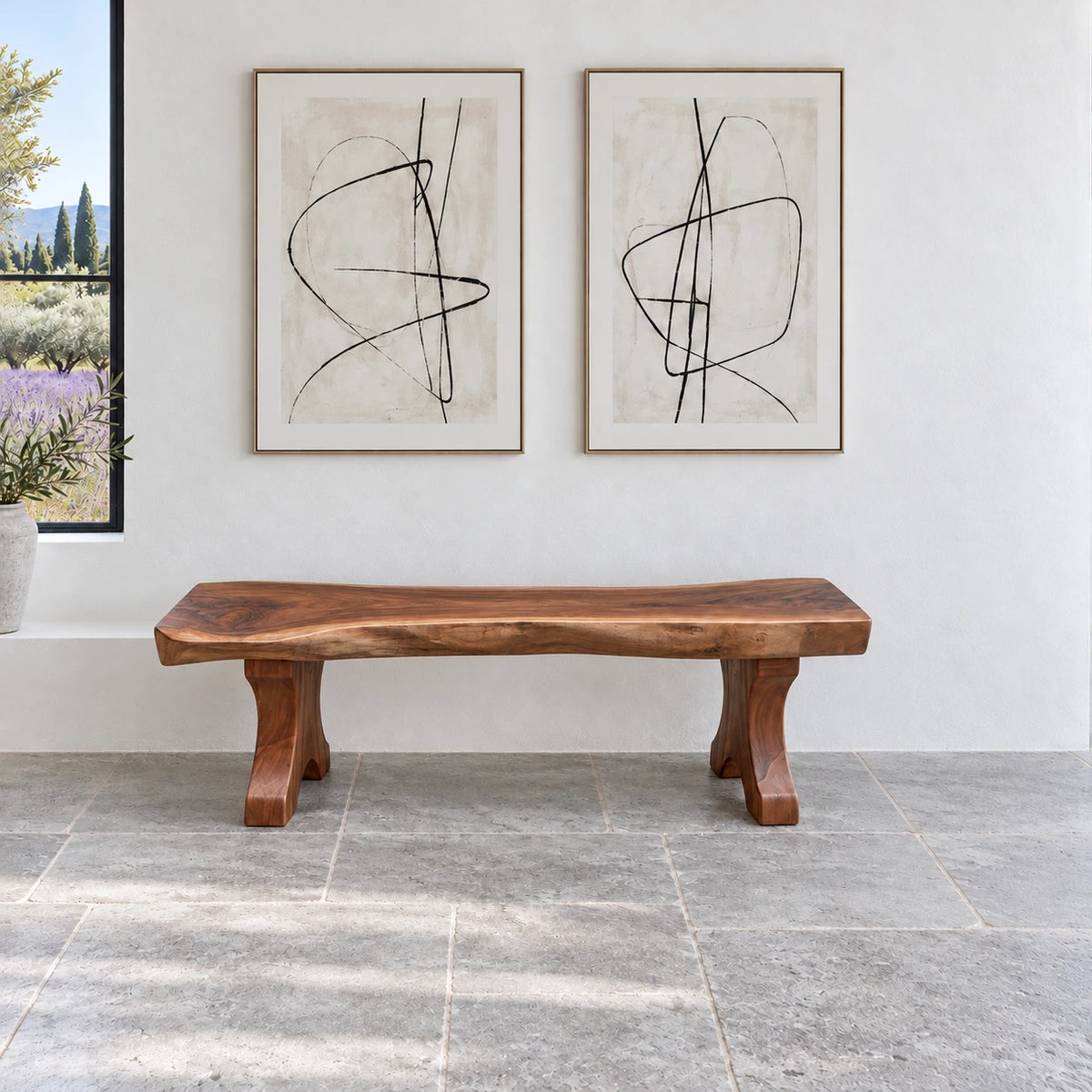 Wood Bench with Live-Edge Slab Seat on Two Sculpted Flared-Foot Trestle Legs - Arboriswood - 13