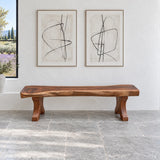 Wood Bench with Live-Edge Slab Seat on Two Sculpted Flared-Foot Trestle Legs - Arboriswood - 14