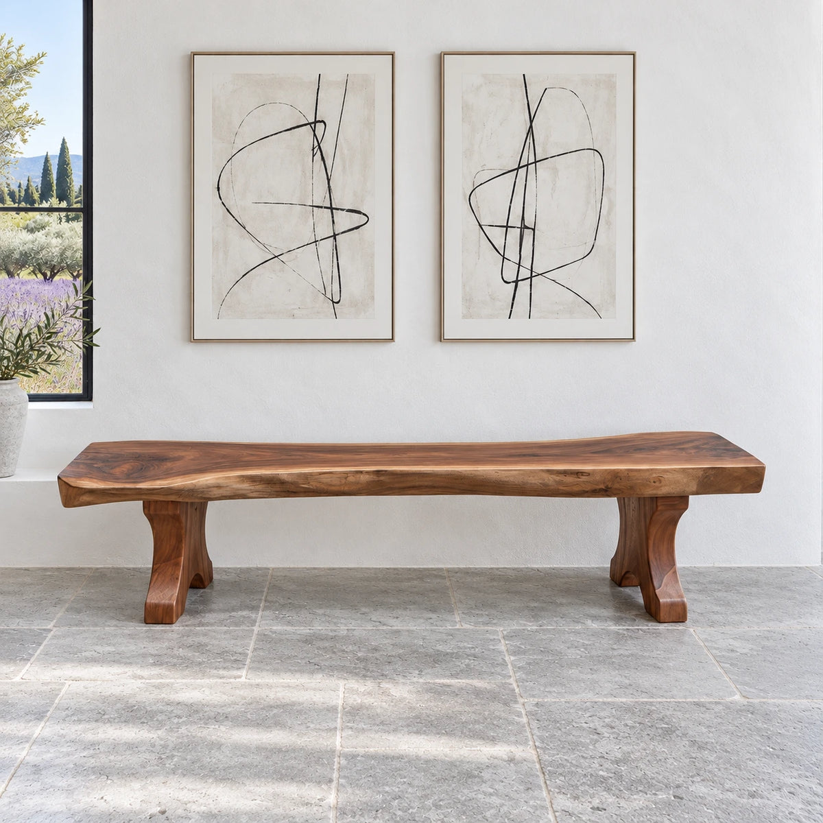 Wood Bench with Live-Edge Slab Seat on Two Sculpted Flared-Foot Trestle Legs - Arboriswood - 2