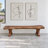 Wood Bench with Live-Edge Slab Seat on Two Sculpted Flared-Foot Trestle Legs - Arboriswood - 2