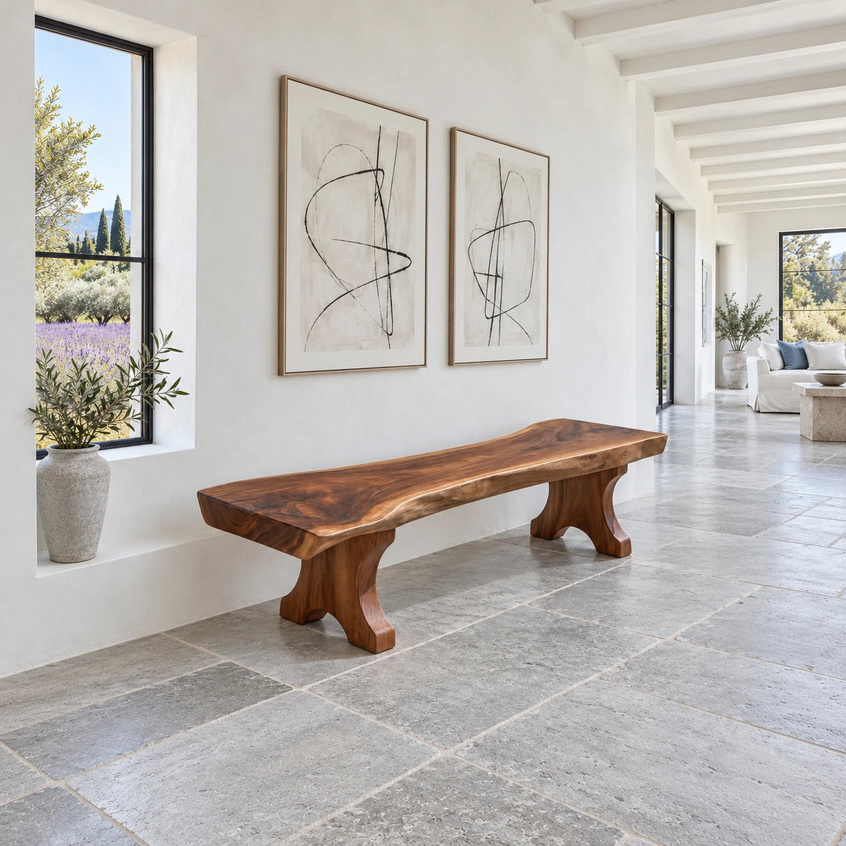 Wood Bench with Live-Edge Slab Seat on Two Sculpted Flared-Foot Trestle Legs - Arboriswood - 3