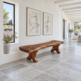 Wood Bench with Live-Edge Slab Seat on Two Sculpted Flared-Foot Trestle Legs - Arboriswood - 3