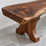 Wood Bench with Live-Edge Slab Seat on Two Sculpted Flared-Foot Trestle Legs - Arboriswood - 4