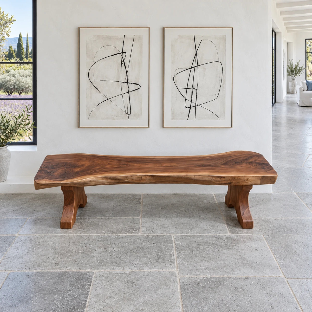 Wood Bench with Live-Edge Slab Seat on Two Sculpted Flared-Foot Trestle Legs - Arboriswood - 5