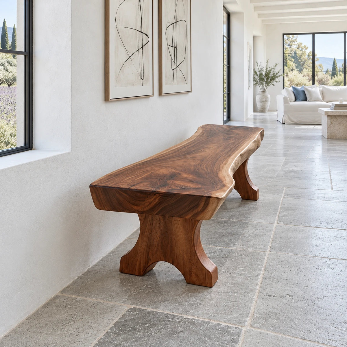 Wood Bench with Live-Edge Slab Seat on Two Sculpted Flared-Foot Trestle Legs - Arboriswood - 6