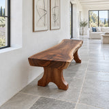 Wood Bench with Live-Edge Slab Seat on Two Sculpted Flared-Foot Trestle Legs - Arboriswood - 6