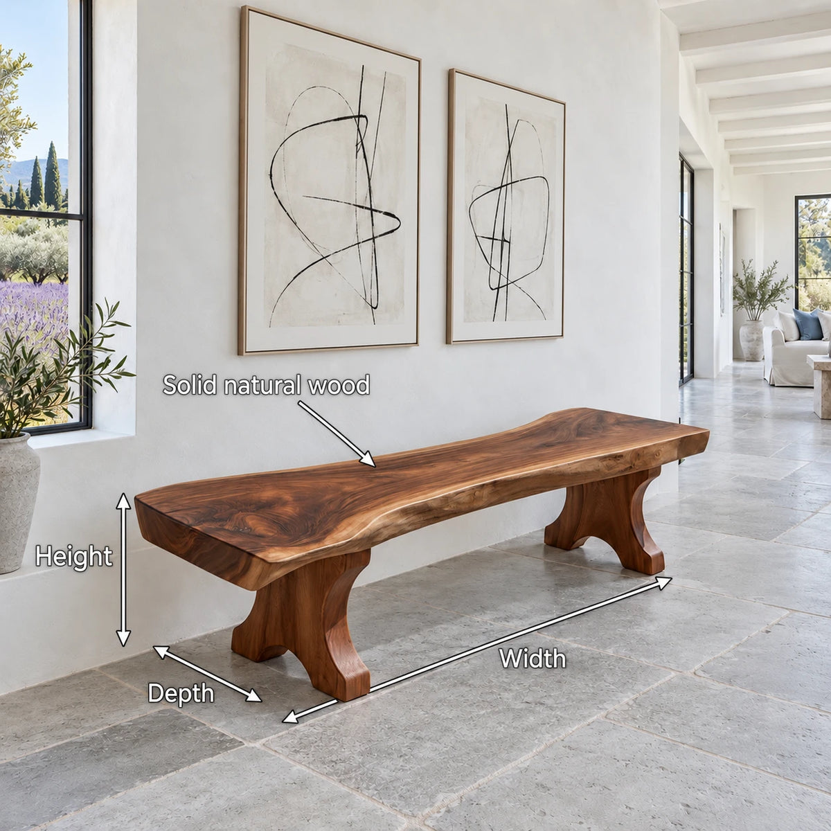 Wood Bench with Live-Edge Slab Seat on Two Sculpted Flared-Foot Trestle Legs - Arboriswood - 7